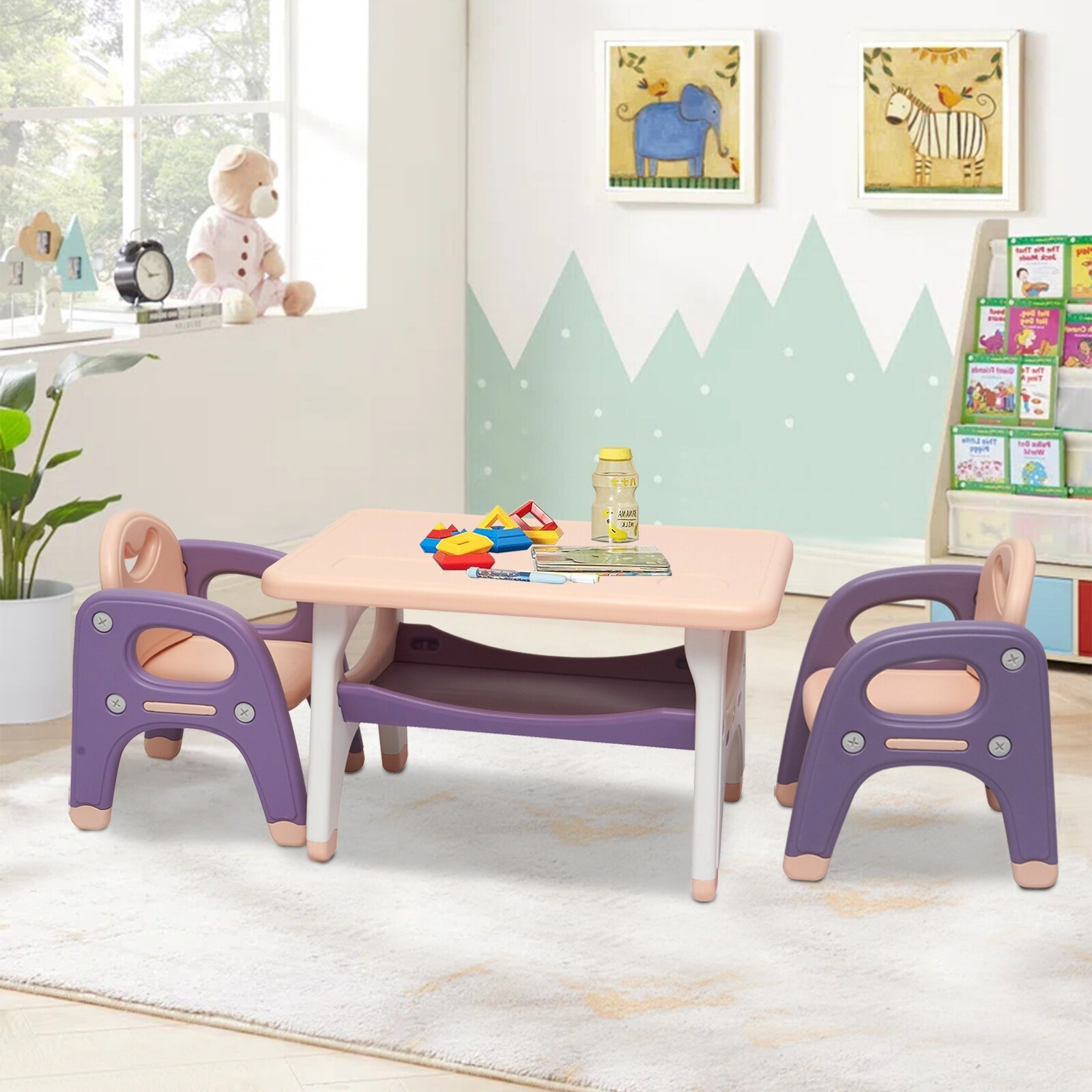 Kinbor 3 piece Kids Table Chair Set Children s Furniture for Study Arts Craft and Dining with Storage Purple Pink Blue