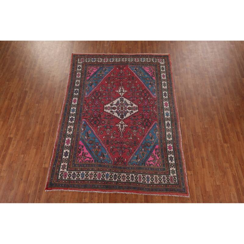 Pink & Turquoise Hamedan Persian Vintage Area Rug Handmade Wool Carpet - 6'10" x 9'8"