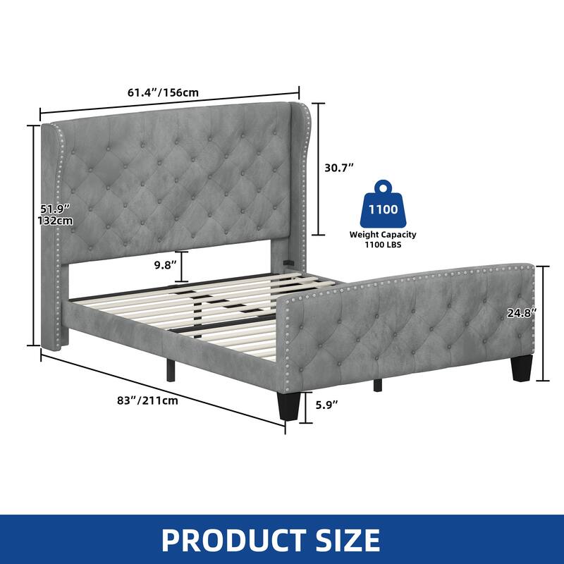 Queen Adjustable Upholstered Headboard Platform Bed Wingback Bed Frame