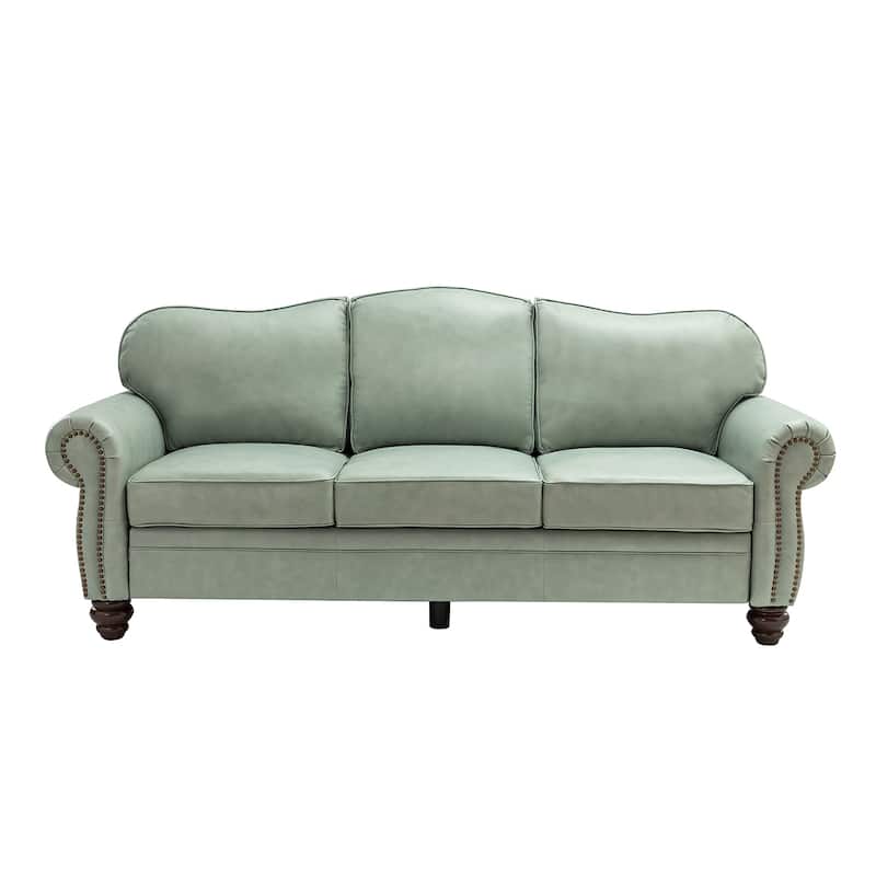 Balvino 81" Wide Transitional Genuine Leather Rolled Arm Nailhead Trim Sofa with Solid Wood Legs and Removable Cushions