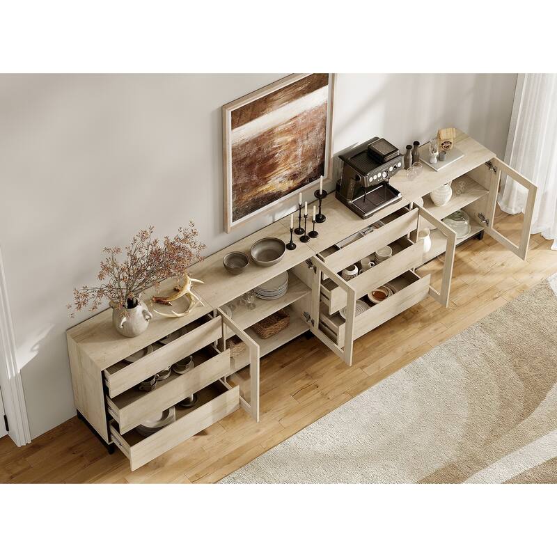 Modern Sideboard with Adjustable Shelves and 6 Drawers, 4 in 1 Storage Cabinet with Glass Doors, Coffee Bar Cabinet for Kitchen