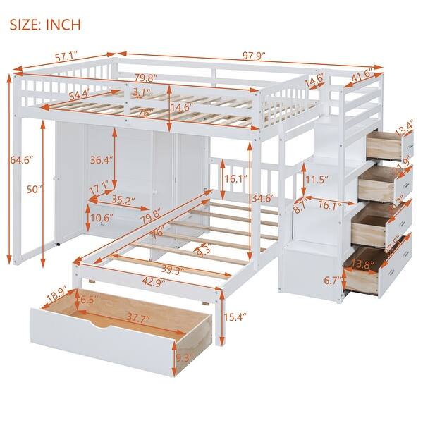 dimension image slide 0 of 2, Full Over Twin Bunk Bed with Wardrobe & Drawers, Grey