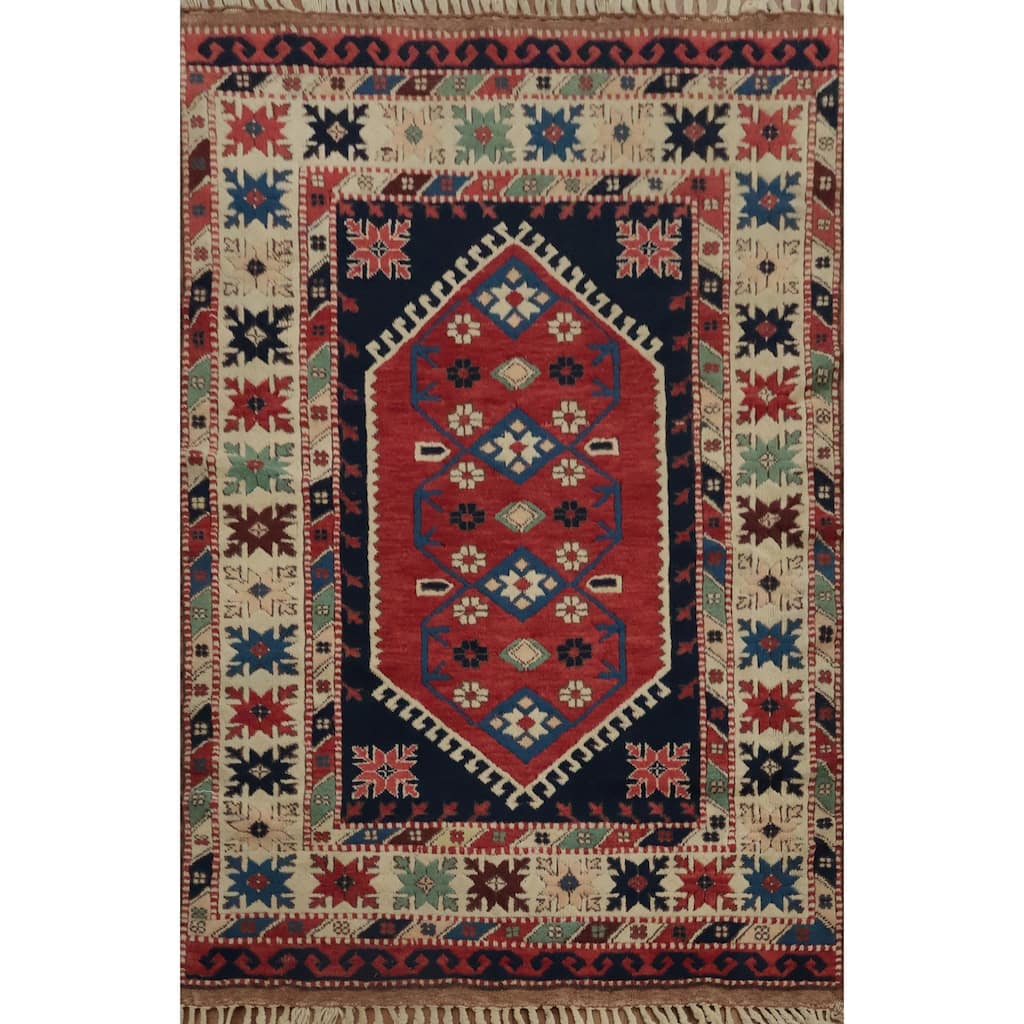 Hand Knotted Oriental 100% Wool Carpet Transitional Geometric Red Anatolian Area Rug - 5' 4'' X 3' 10''