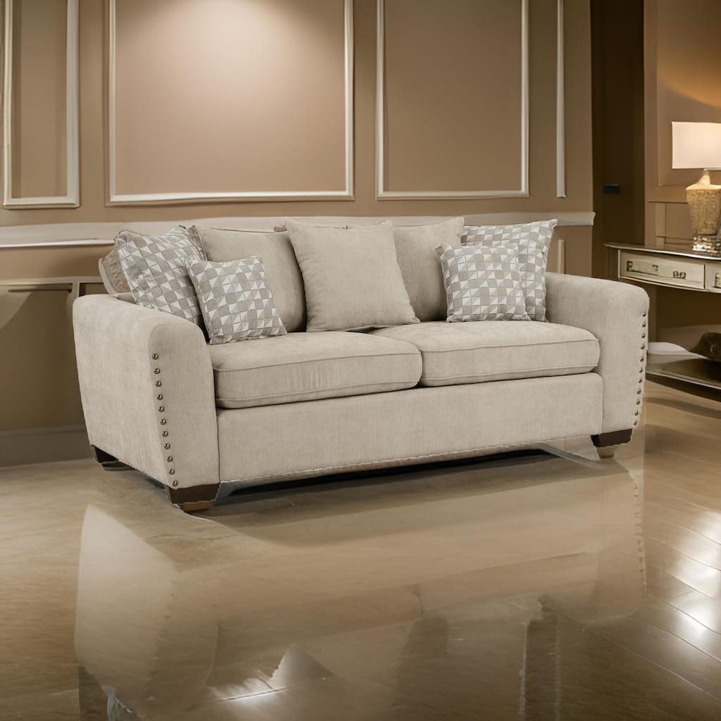 Gini 82 Inch Sofa, 7 Pillows, Nailhead Trim, Brown Chenille, Solid Wood