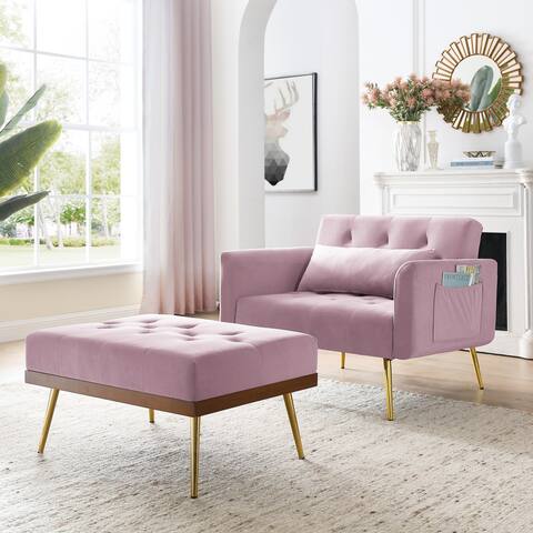 Recline Velvet Upholstered Sofa Chair with Ottoman Two Arm Pocket and Wood Frame, Include 1 Pillow and Adjustable Backrest