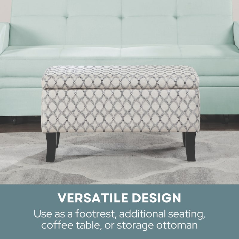 Round Accent Storage Ottoman with Reversible Tray Lid - Upholstered Ottoman with Hidden Storage and Serving Top