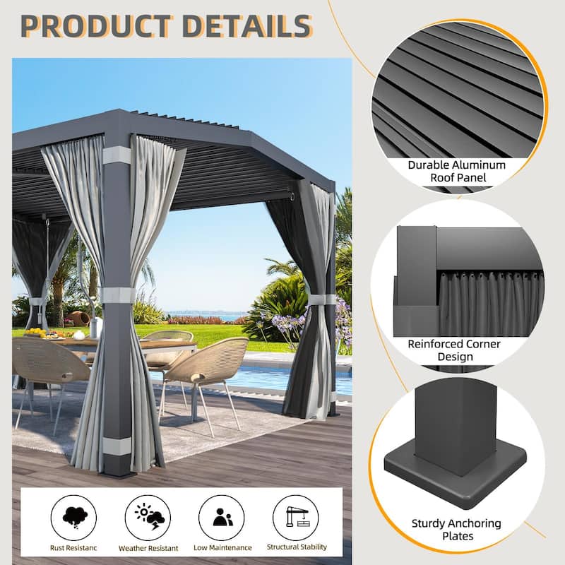 EROMMY Outdoor Louvered Pergola Gazebo with Adjustable Aluminum Rainproof Roof and Pull-Down Screen