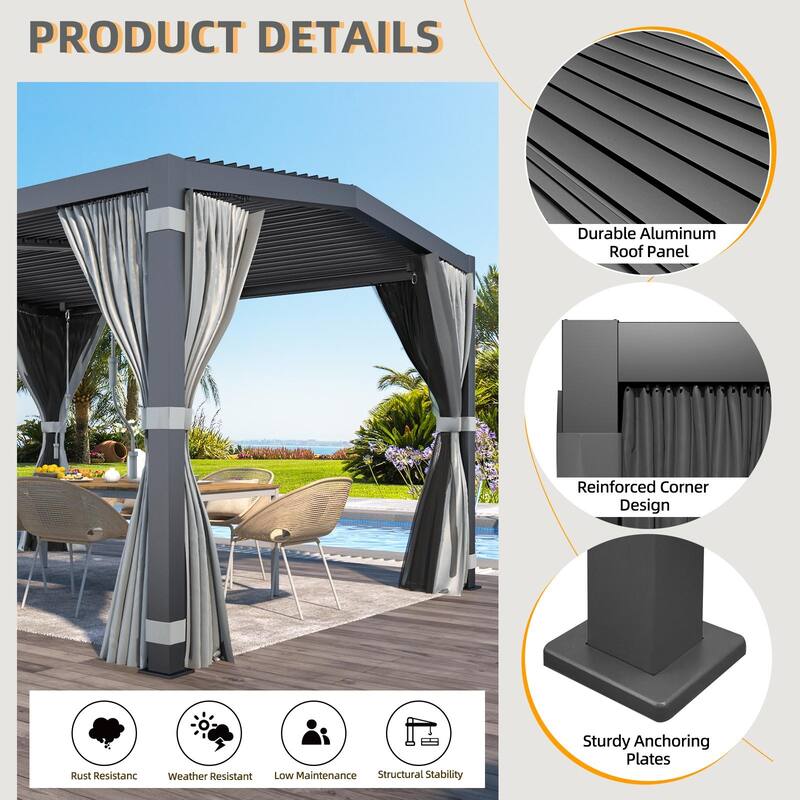 EROMMY Outdoor Louvered Pergola Gazebo with Adjustable Aluminum Rainproof Roof