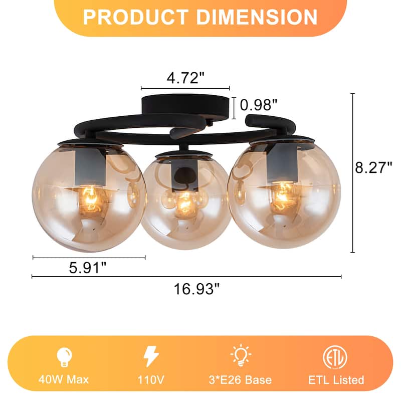 3 Light Matte Black Flush Mount Lighting Industrial with Amber Glass Globes - Dia.16.93-in