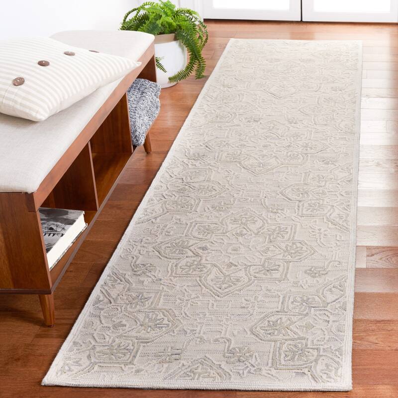 SAFAVIEH Handmade Trace Katina Floral Wool Rug - 2'3" x 9' Runner - Grey/Ivory
