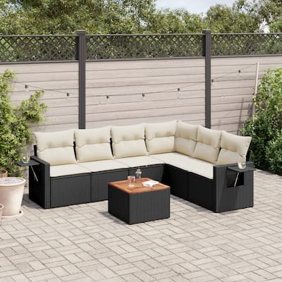 vidaXL 7 Piece Patio Sofa Set with Cushions Black Poly Rattan - 24.4" x 24.4" x 27.2"