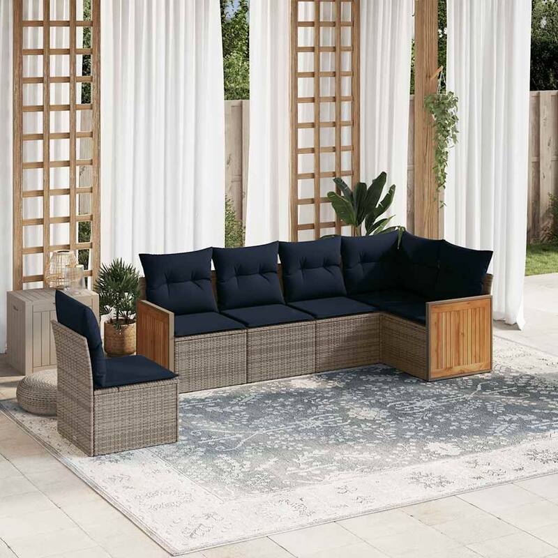 vidaXL 6/7 Piece Patio Sofa Set with Cushions Black/Gray Poly Rattan - 24.4 x 24.4 x 27.2 - Gray Without table