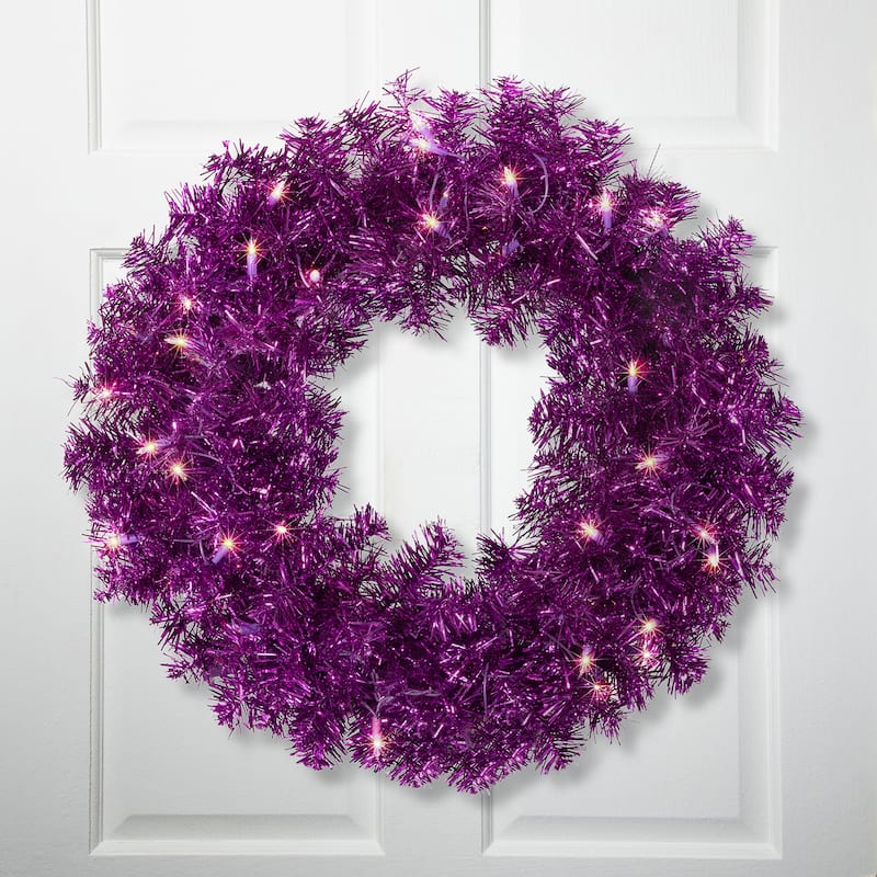 Pre-Lit Tinsel Artificial Christmas Wreath - 24" - Purple - Clear Lights