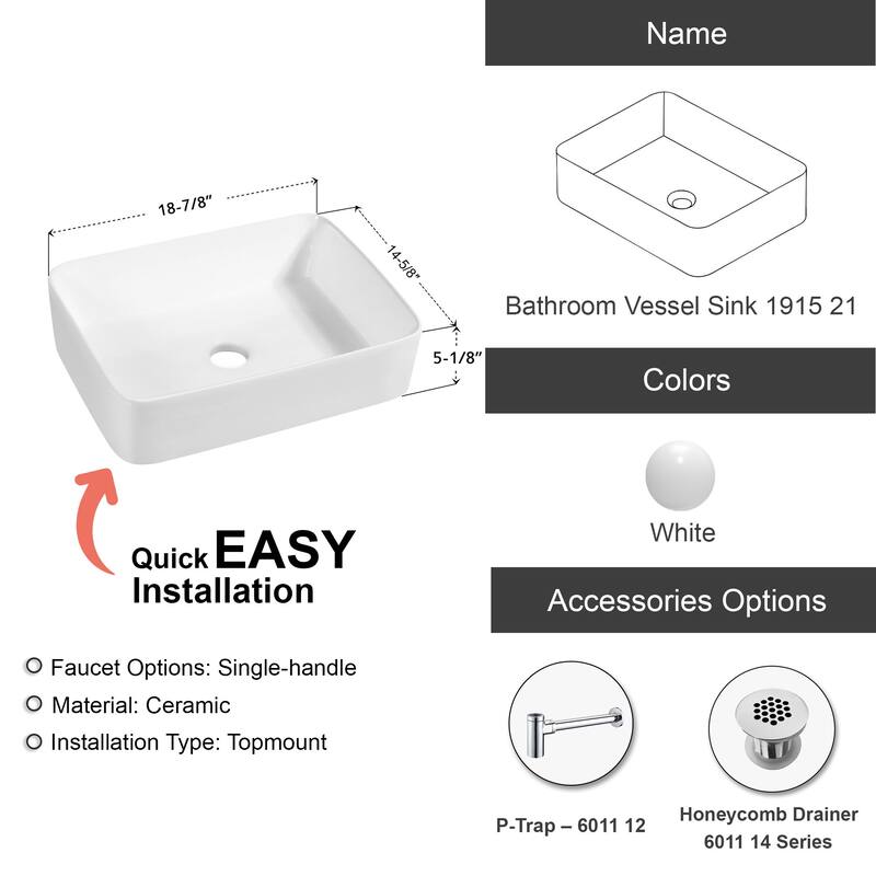 Dowell Ceramic Vessel Sink, Rectangle, Gloss White - 19Wx15Dx5H - 19Wx15Dx5H - White