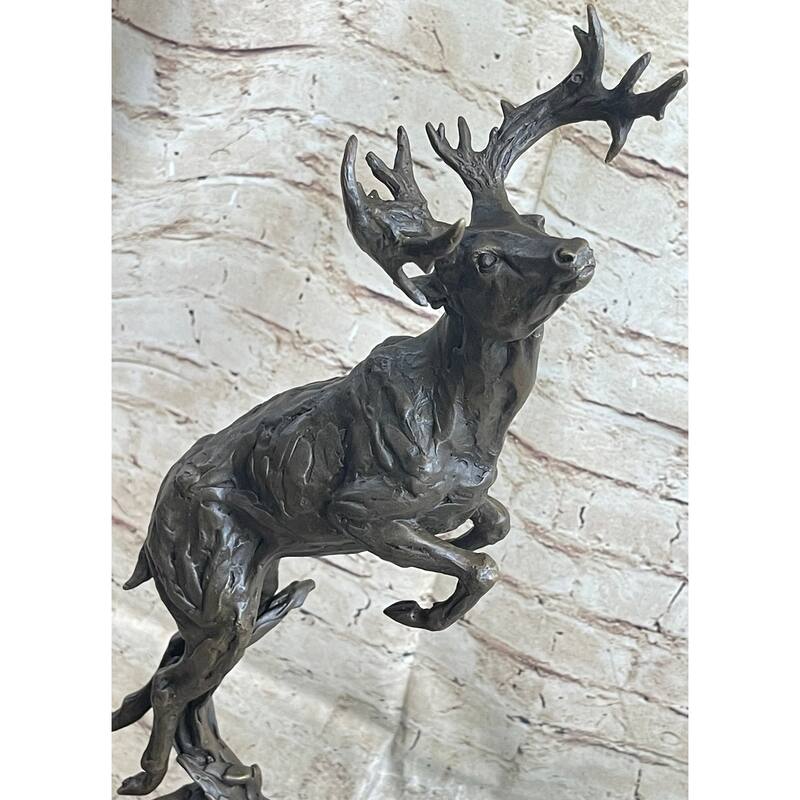 Elk Deer Caribou Stag Buck Jumping Bronze Statue Sculpture On Marble Base