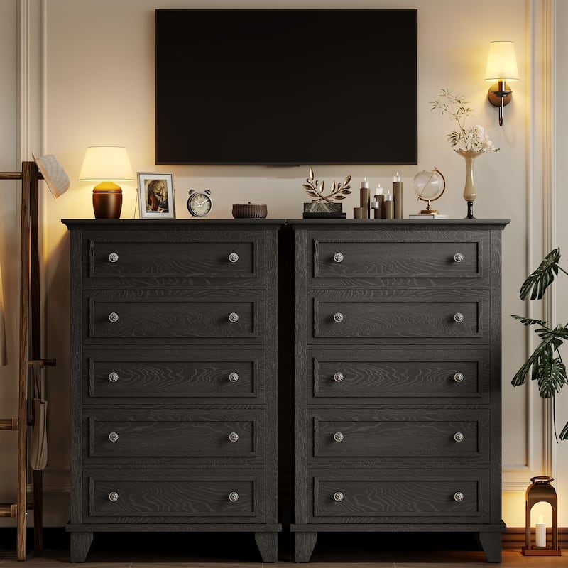 Black 5 Drawer Dresser for Bedroom, 48" Tall Wood Dresser & Chests of Drawers with Deep Drawers, Modern Chest Organizer