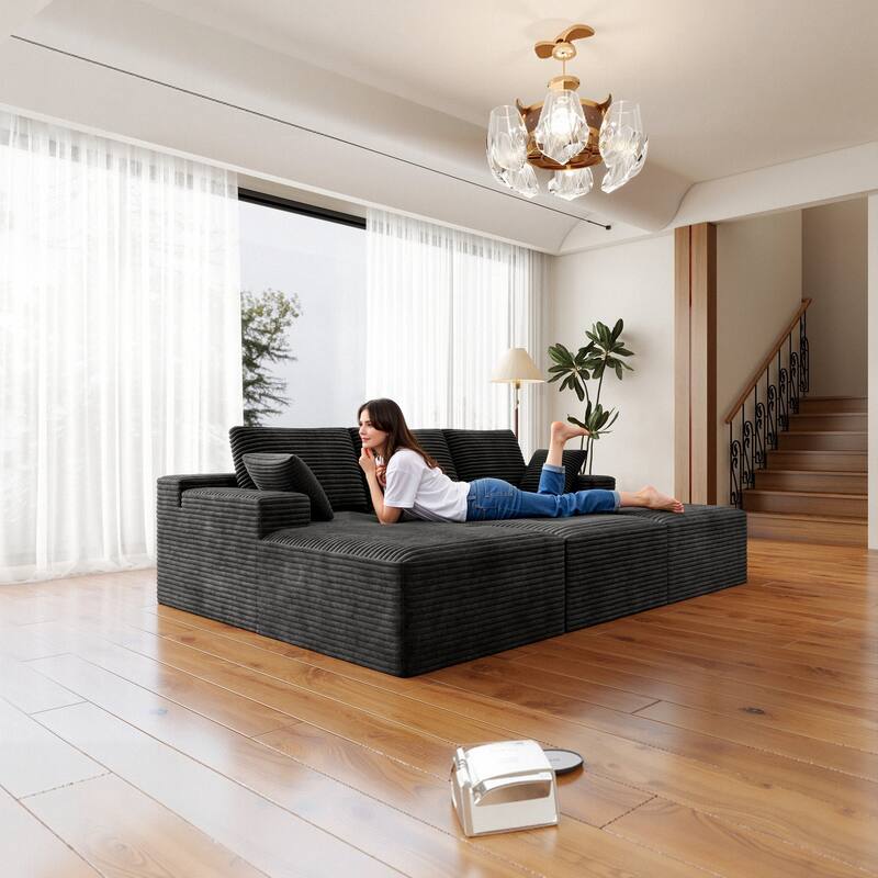 Roomfitters 98.4" Modular Sectional Sofa, 4-Piece Compressed Cloud Couch, No Assembly Required, Plush Corduroy, Grey