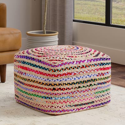 Simpli Home Margo 20" Wide Boho Pouf in Multicolor Natural Jute/Cotton Chindi & Assembled