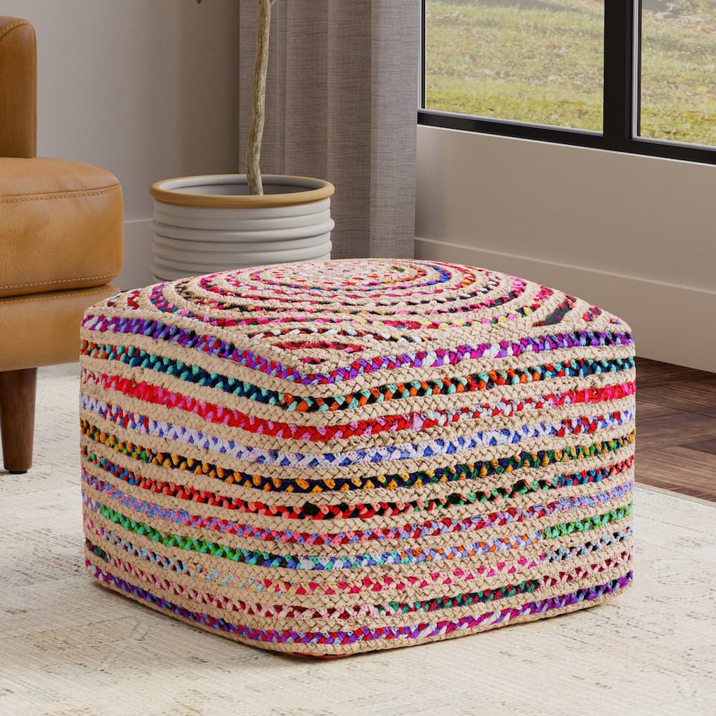 Simpli Home Margo 20" Wide Boho Pouf in Multicolor Natural Jute/Cotton Chindi & Assembled