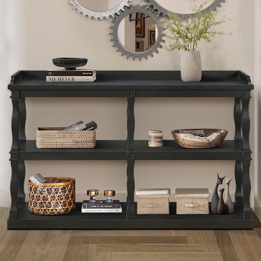 Console Table with 3-Tier Open Storage Spaces And Roman Column Effect Support Legs
