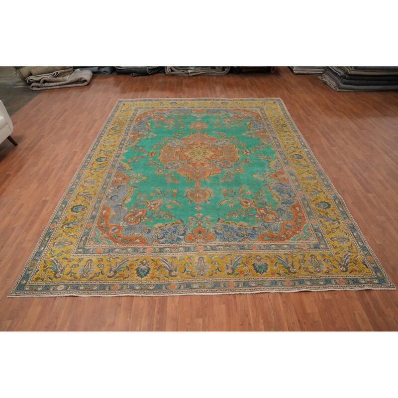 Hand Knotted Oriental 100% Wool Carpet Traditional Floral Green Tabriz Area Rug - 12' 9'' X 9' 9''