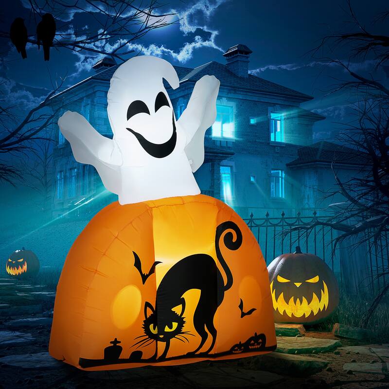 HOMCOM 5ft Halloween Inflatables Ghost with Pumpkin, Outdoor Yard Blow Up Decoration with LED Lights - Yellow/White