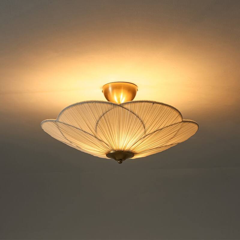 3-Light French Country White Ribbed Fabric Round Bloom Ceiling Light
