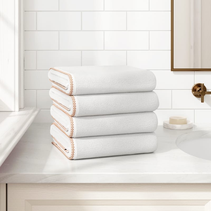 Linery & Co. Quick-Dry Cotton and Decorative Border Towel Set - White / Clay - Bath Towel (Pack of 4)