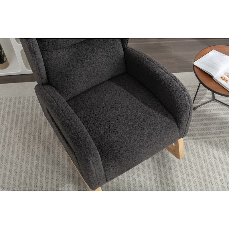 Glider Rocking Chair with Wing Back, Teddy Leisure Chair with Wood Legs, Upholstered Rocker Chair with Side Pocket