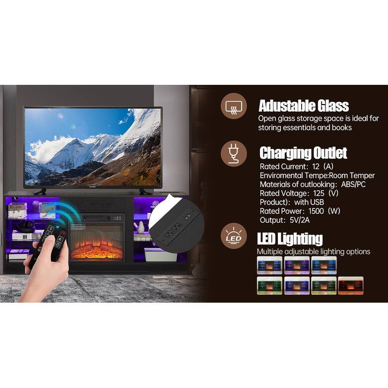 Modern 3D Fireplace TV Stand with USB Ports, LED Color Options, and Glass Storage Shelves for TVs 32-62'' - Black