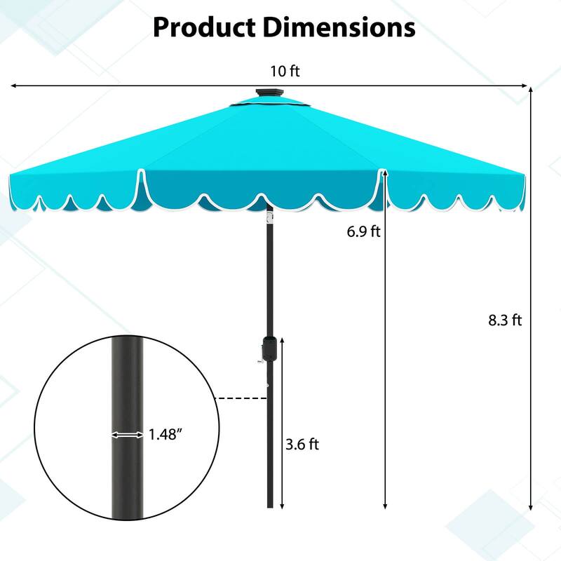 Costway 10 FT Solar Patio Umbrella with 24 LED Lights 8 Ribs & Tilt