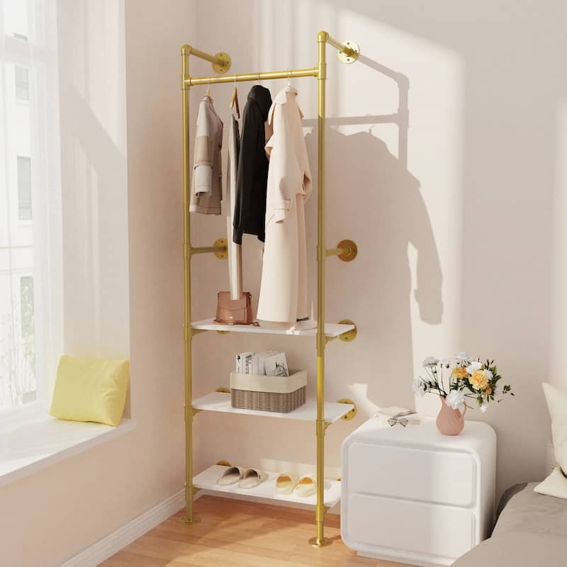 Industrial Pipe Clothes Rack Garment Stand for Walk-in Wardrobe with Shelves