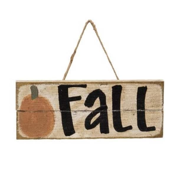 slide 1 of 1, Rustic Wood "Fall" with Pumpkin Sign with Jute Hanger - 3"H x 1"W x 7.50"L