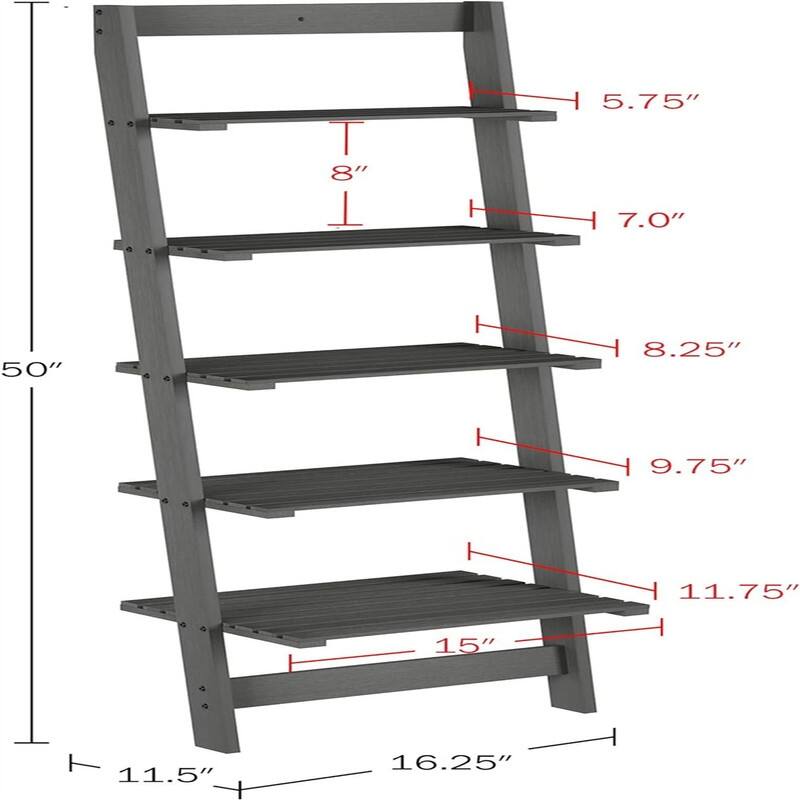 5 Tier Bookshelf Leaning Ladder Shelf Decorative Book Shelves for Bedroom - 11.5"D x 16.25"W x 50"H