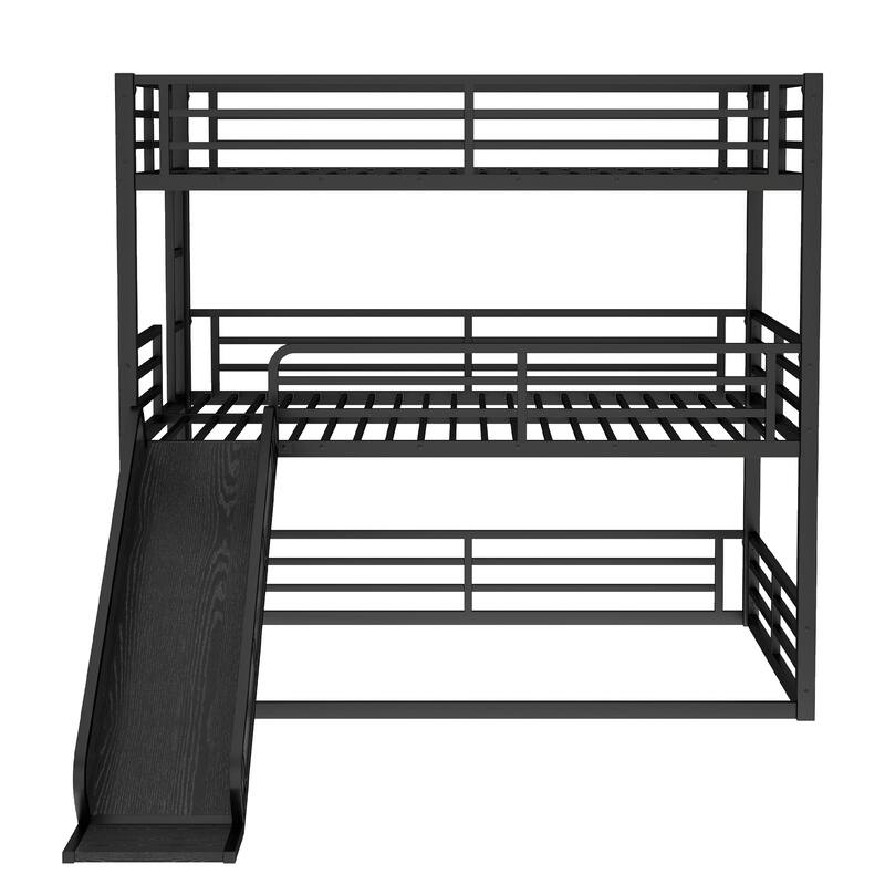 Metal Triple Bunk Bed Frame with Full Length Guardrail, Slide and Ladder, Heavy Duty Metal Slat Support, Noise Free