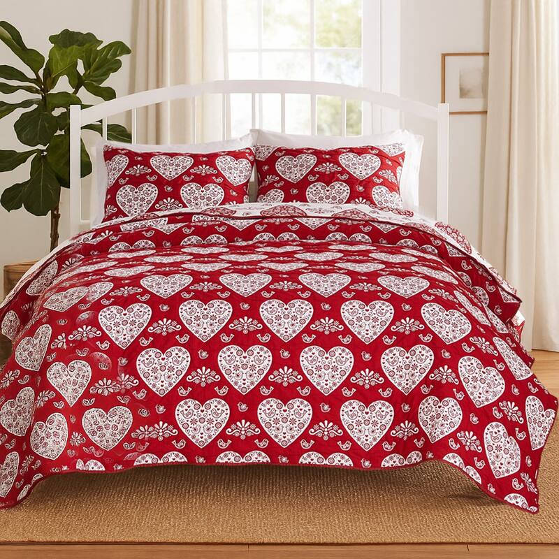 Liv 3pc Queen Size Coverlet Set, Woven Jacquard Matelasse, Red, White