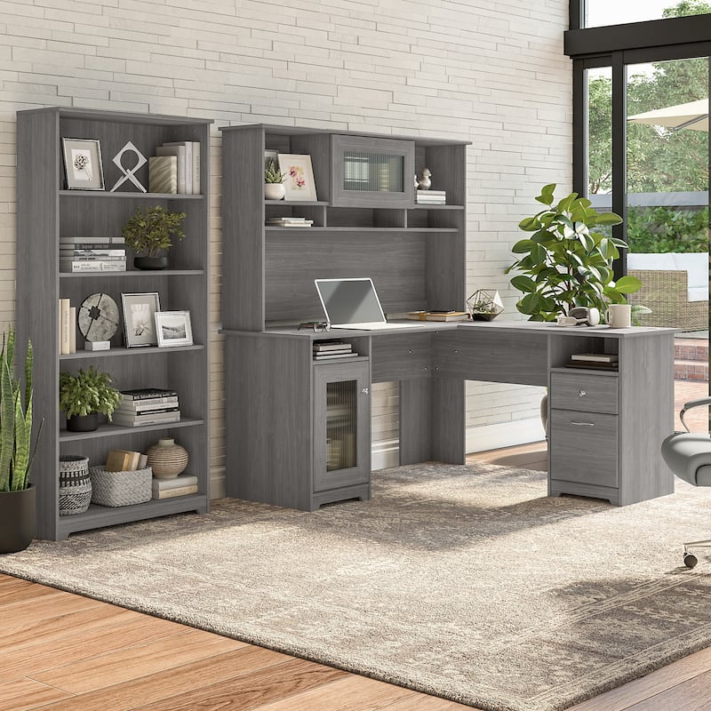 Cabot 60W L-Desk with Hutch and 5 Shelf Bookcase by Bush Furniture - Modern Gray