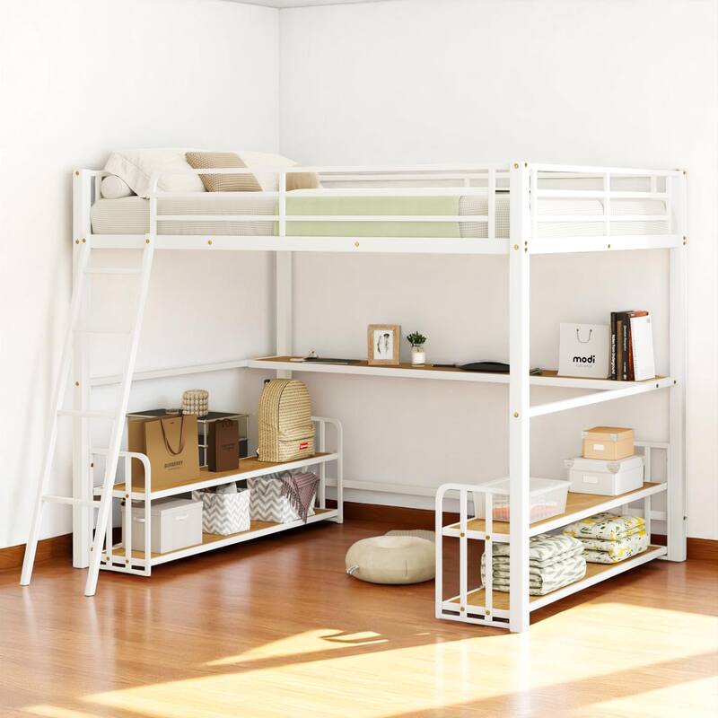 Space-Saving Loft Bed with Desk, Storage Shelves, and Charging Station - Twin/Full Size