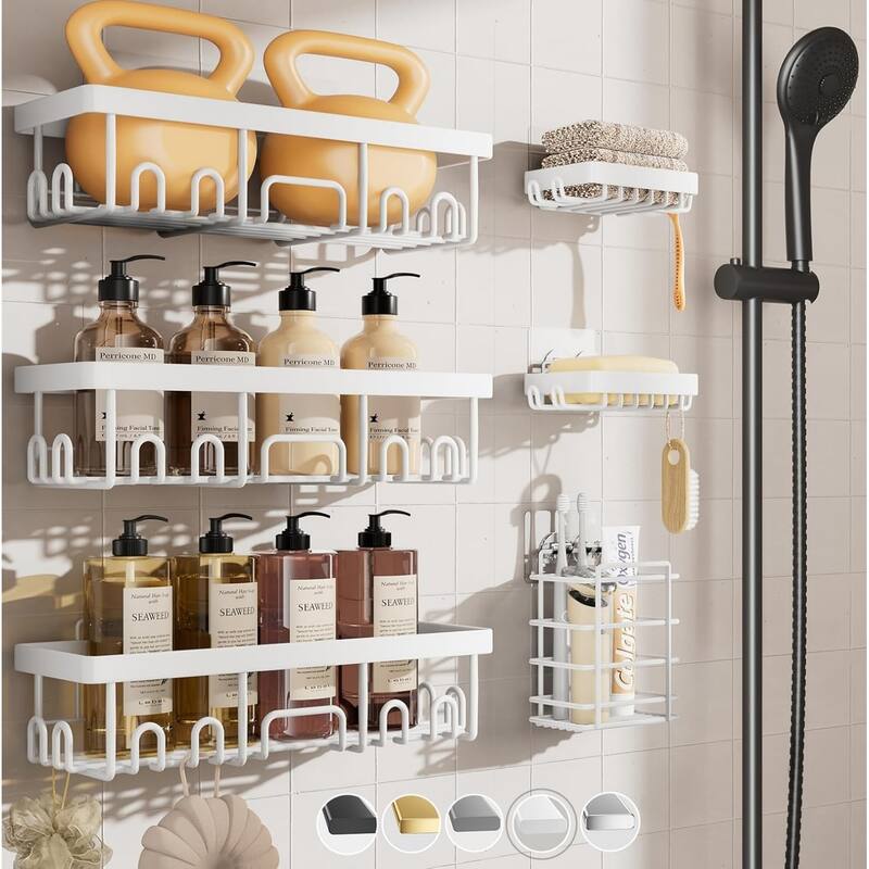6-Pack Stainless Steel Shower Shelves, Large-Capacity Bathroom Organization and Storage. - White