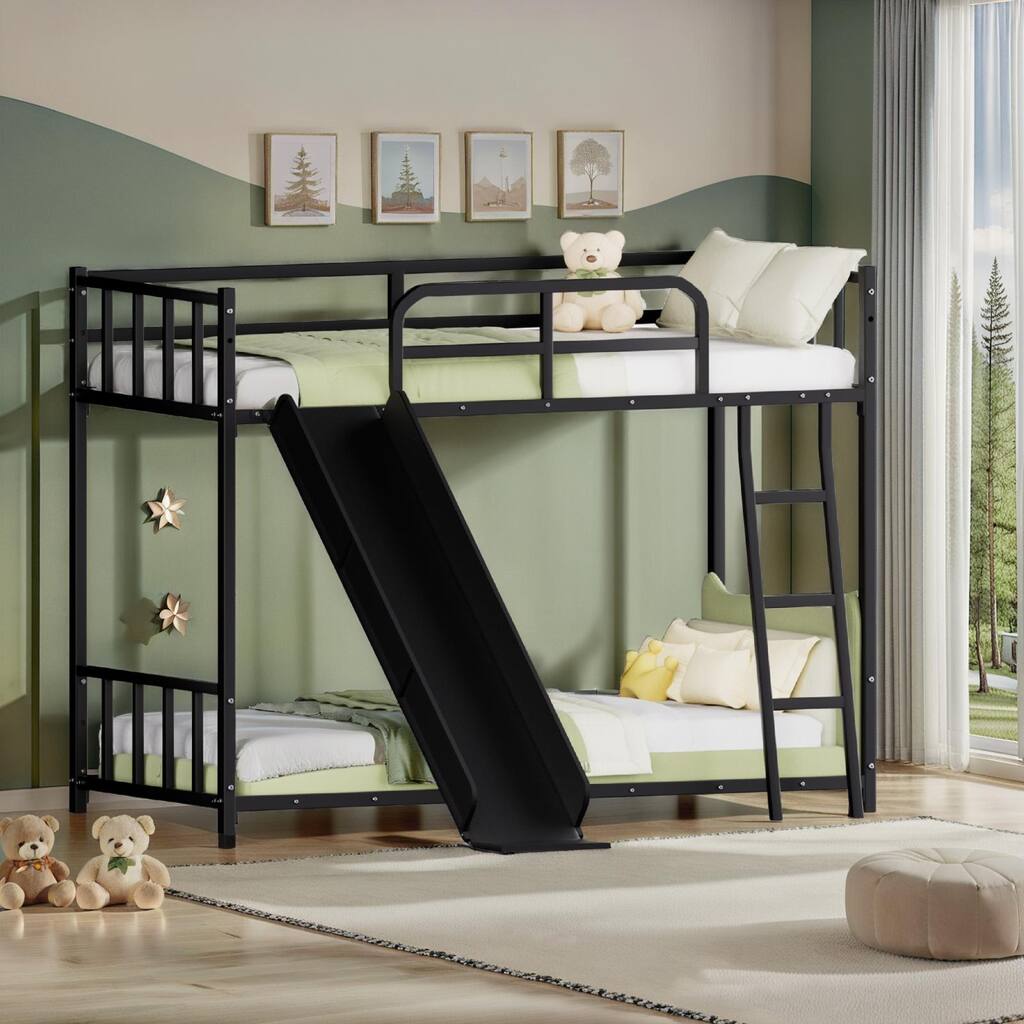 Bunk Bed with Ladder and Slide, metal Bed Frame with Safety Guard Rails, Black