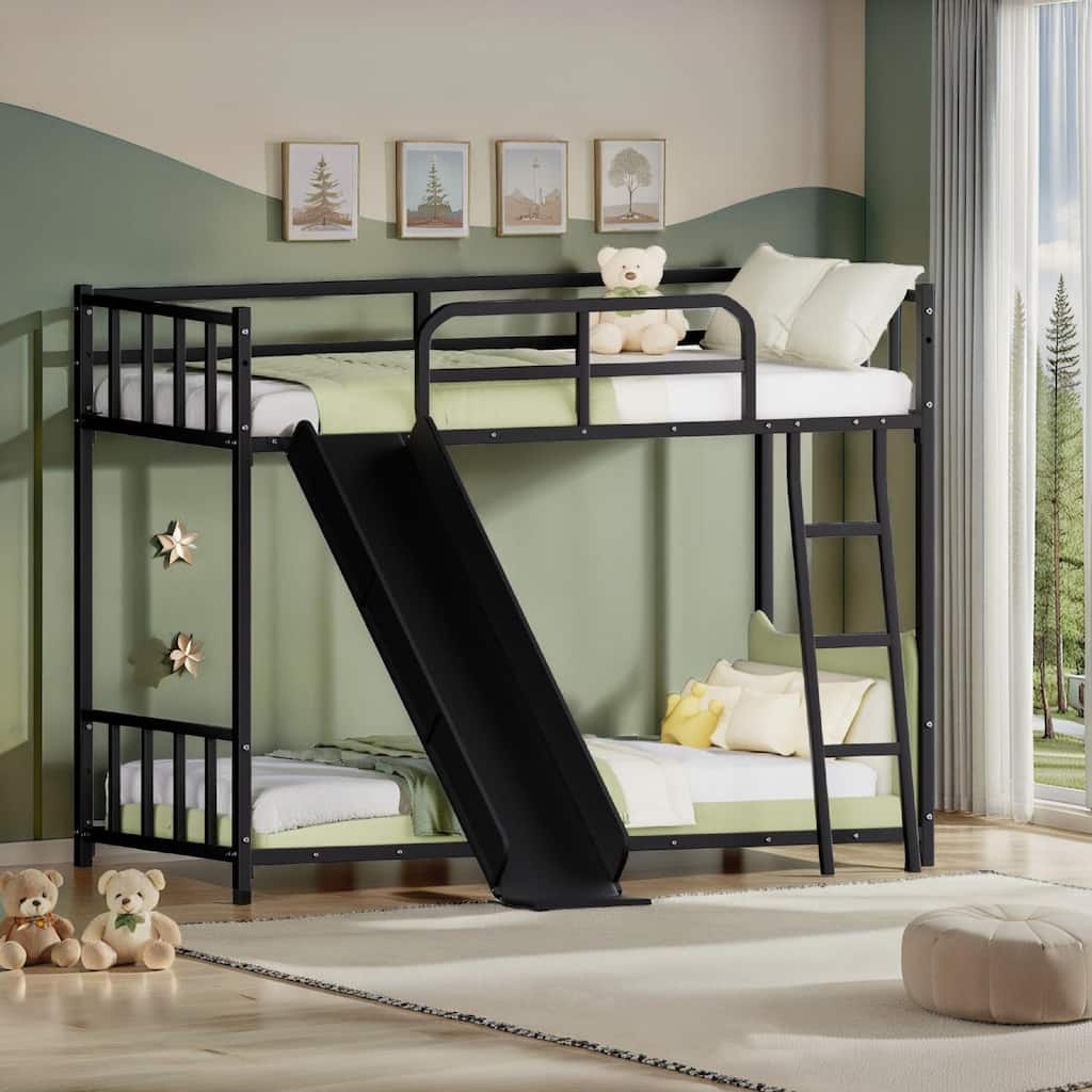 Twin Size Metal Bunk Bed with Slide and Ladder, Heavy Duty Metal Bunk Bed Frame with Safety Guardrail, No Box Spring Needed