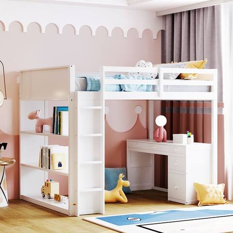 Wood Loft Bed with Ladder, Shelves and Desk with Drawers