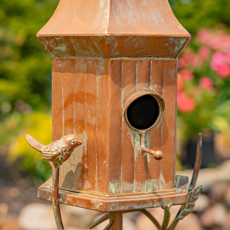 64" Tall Iron Birdhouse Stake "Victoria" - 8.75" L x 8" W x 64" H