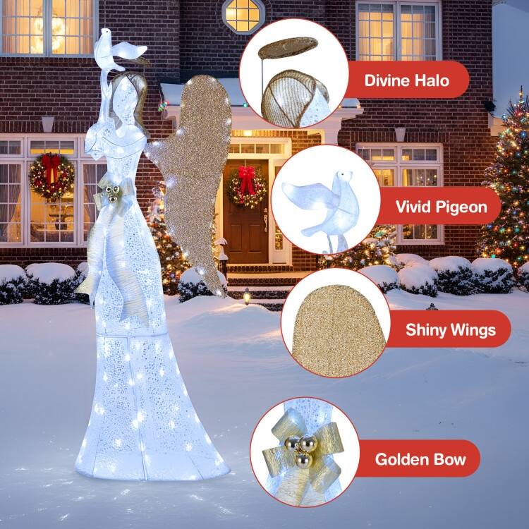 White-Gold Metal Tinsel 3D Lighted Halo Angel Christmas Decoration with 150 LED Lights - 23.5" x 12" x 5.5 ft