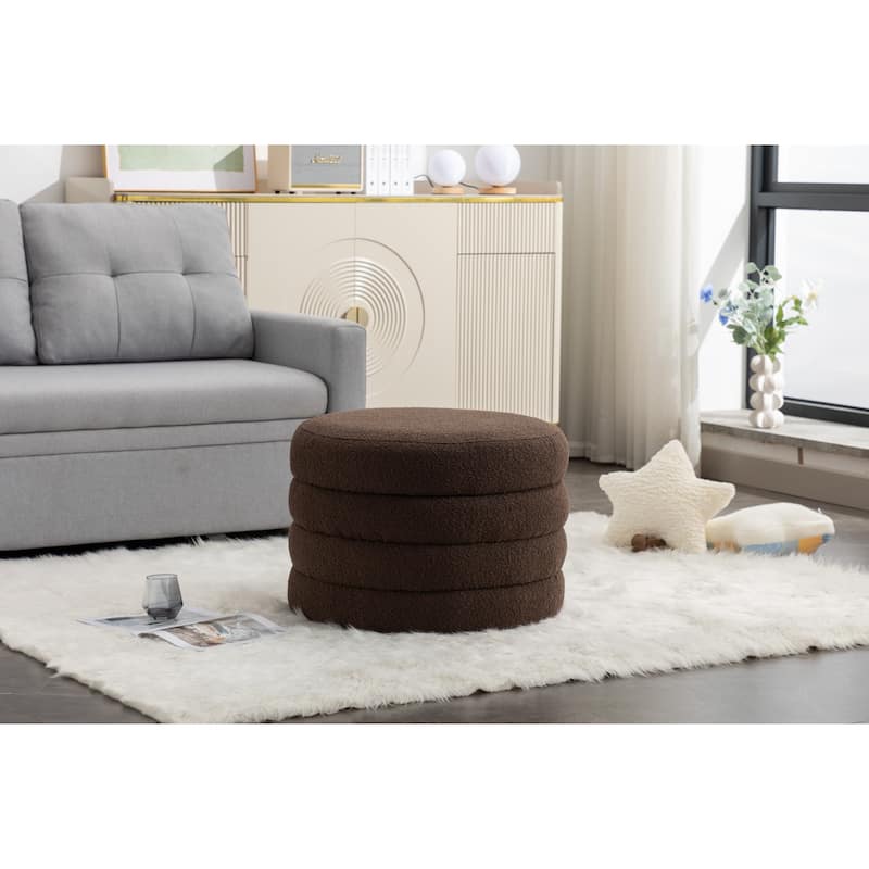 Boucle Fabric Round Storage Ottoman Footstool with Wooden Shelving