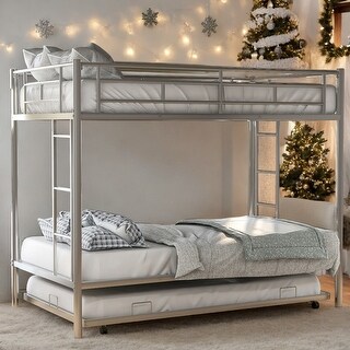 Modern Twin Over Twin Bunk Bed With Trundle,Two Ladders,Durable Metal Frame,