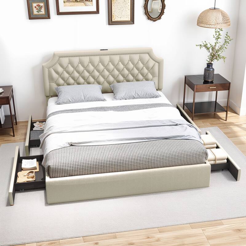 Moasis Velvet/Linen Upholstered Bedframe with Adjustable Headboard and 4 Storage Drawers