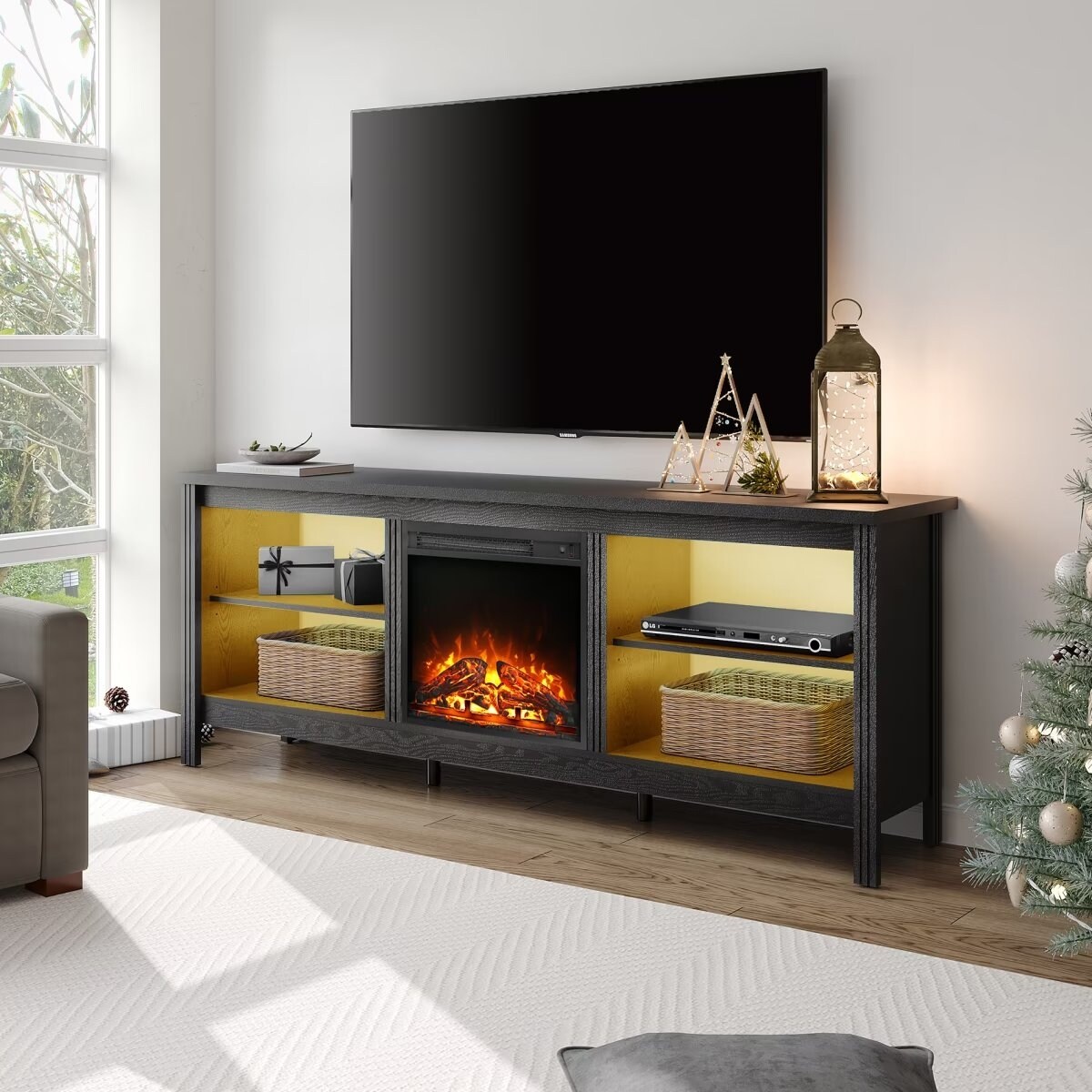 75 inch tv stand cheap with fireplace black
