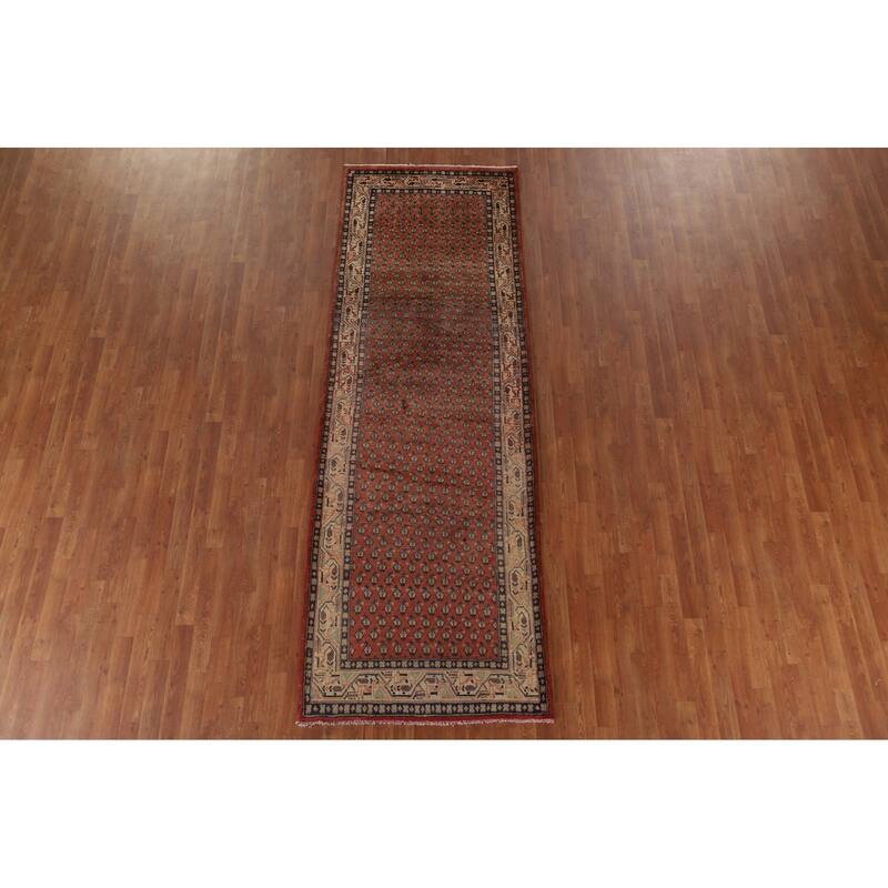 Hand Knotted Oriental 100% Wool Carpet Traditional All-Over Red Botemir Runner Rug - 10' 3'' X 3' 4''