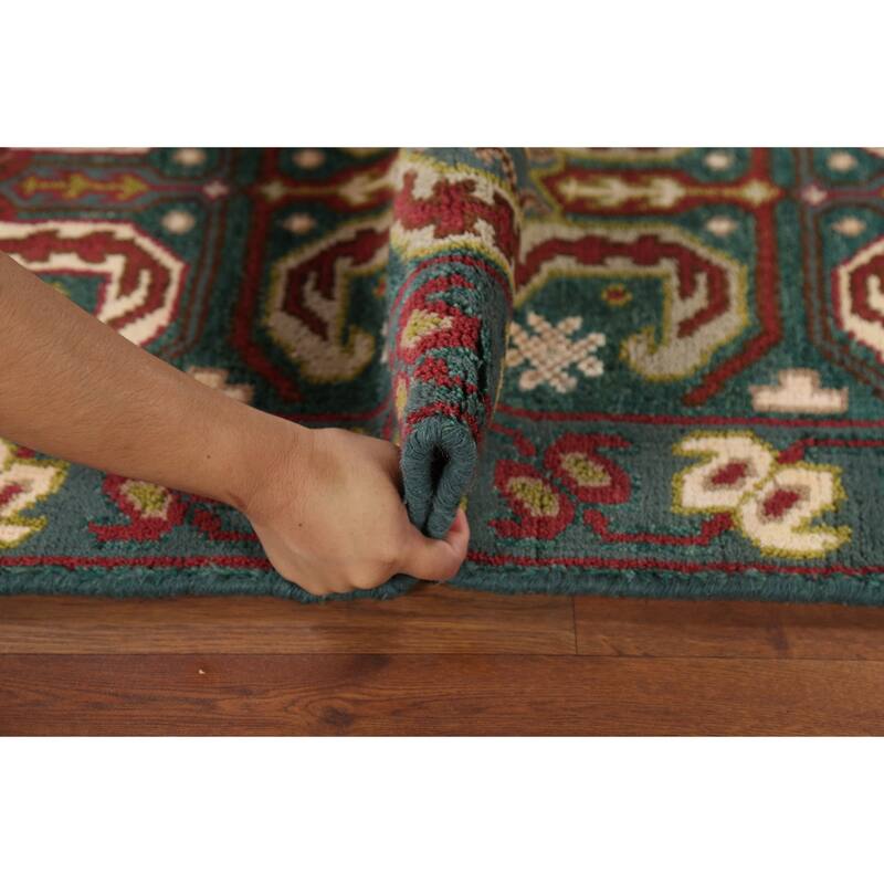 Green Geometric Kazak Indian Runner Rug Handmade Wool Carpet - 2'5"x 9'10"